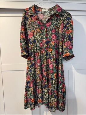 Natural Life Floral Button-Front Tiered Dress in Green and Pink